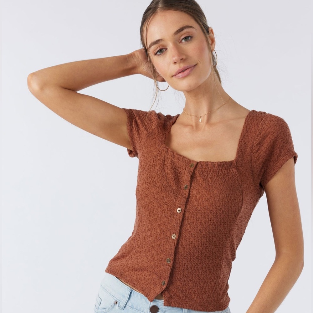 O'Neill Rust Textured Square-Neck Button Crop Top… - image 1